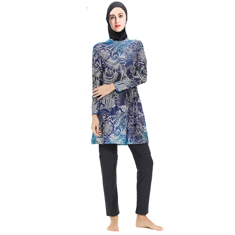 

2019 new muslim swimsuit islamic women full cover Digital print swimwear modest suit connected hijab arab swimsuit girl burkinis