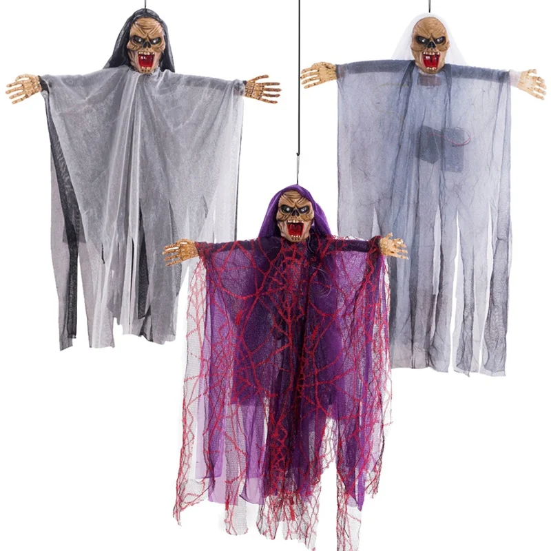 

New Voice Control Cap Gauze Ghost For Halloween Hanging Decoration With Sound And Red Light