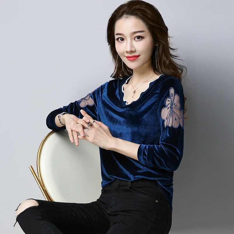 

New arrival autumn fashion ladies gold velvet t shirt lace patchwork hollow out sexy gold velvet shirts
