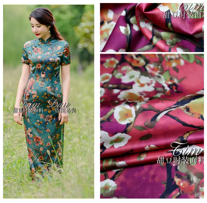 150 см Тяжелая эластичная печатная ткань китайская высокая имитация шелка картина маслом шарф с принтом в виде птиц платье ткань