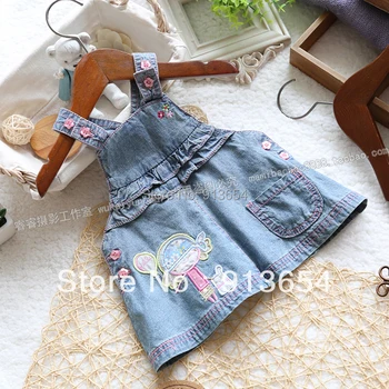 

Free shipping Retail new 2014 Spring autumn baby clothing girls Denim dress baby suspender dress girl all-match jeans overalls