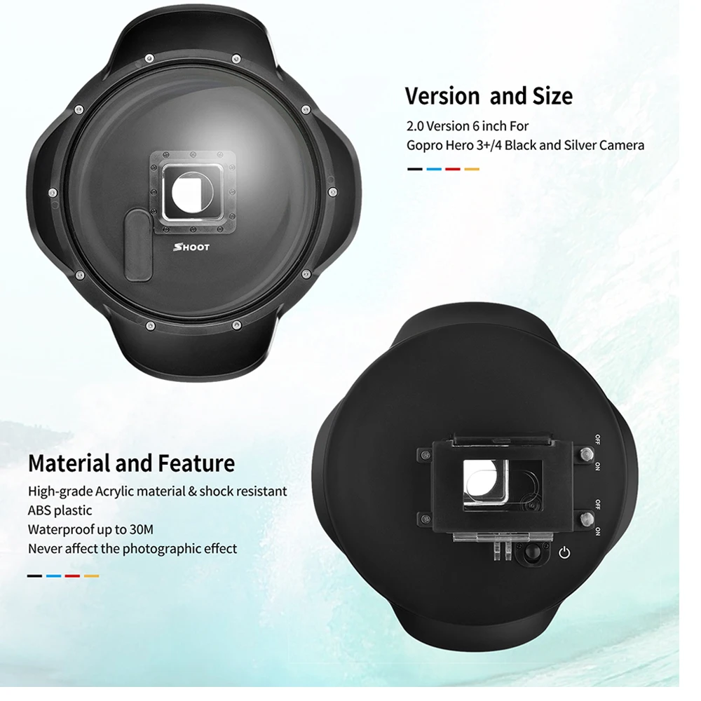 اطلاق النار 2.0 6 بوصة قبة ميناء ل GoPro بطل 4 3 + أسود الفضة عمل كاميرا مع تعويم قبضة للماء حالة ل الذهاب برو 4 التبعي