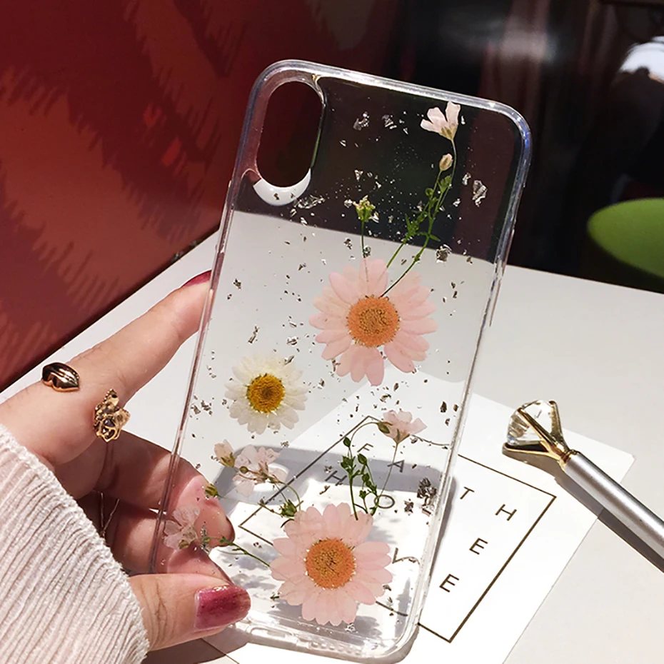 Qianliyao Прозрачный чехол для iPhone 12 11 Pro Max XS XR X 6 6S 7 8 Plus SE с высушенным цветком из