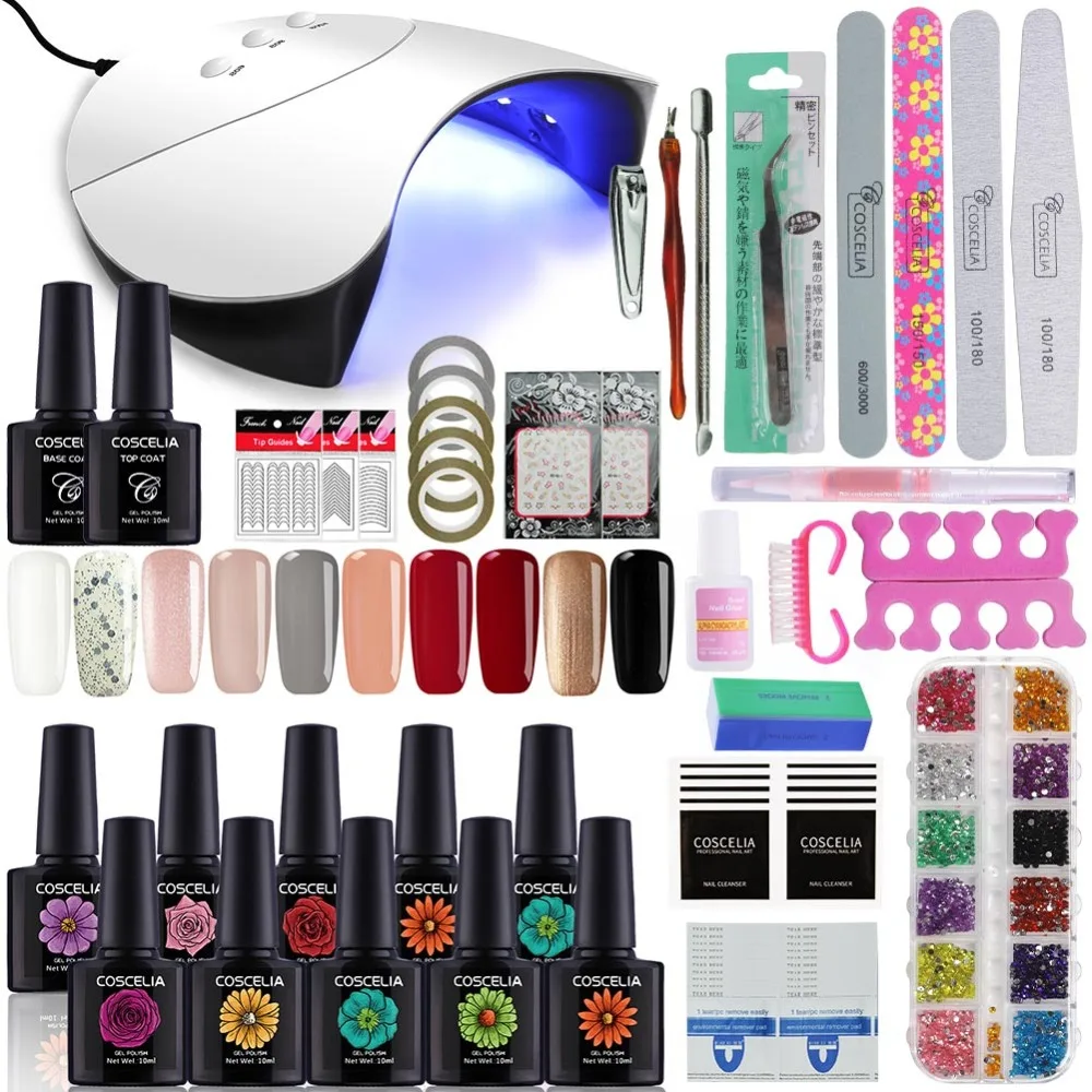 

COSCELIA Nail Kit Dryer 36W UV LED Lamp & UV Gel Varnish Polish Top Base Coat Manicure Tool 10 Color Nail Polish For Nail sets