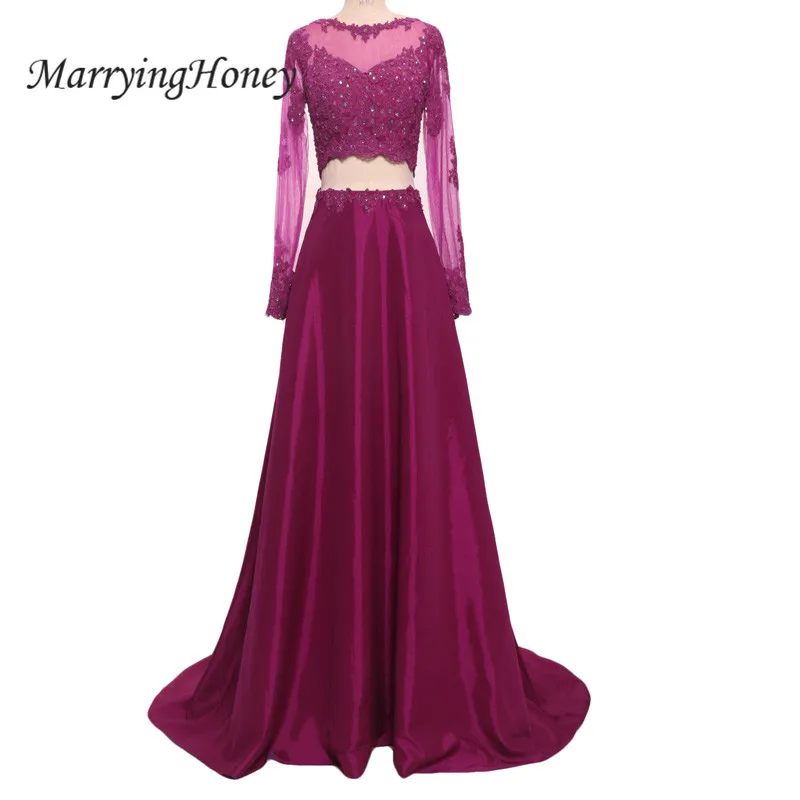 Sexy Sheer Long Sleeve Illusion Back Prom Dresses 2017 Crystal Lace A-line Purple Evening Gowns Vestido De Festa | Свадьбы и