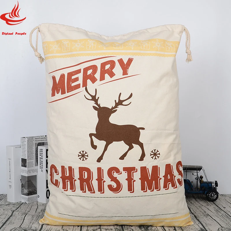 

1Pc Christmas Gift bag Large Capacity Santa Sacks Christmas Decor Canvas Drawstring Storage Bag With Reindeers Santa Claus