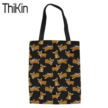 

THIKIN Women's Shopping Bags Cute Corgi Printing Shoulder Tote Bags Ladies Heavy Duty Shopper Bag for Reusable Eco Bags Bolsa