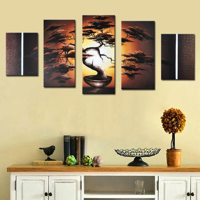5 unidades Pino Bonsáis grupo de pintura al óleo pintado a mano ... 5 unidades Pino Bonsáis grupo de pintura al óleo pintado a mano ...