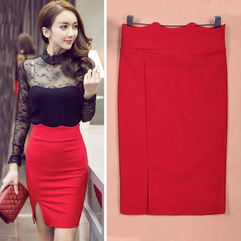 Tingyili High Waist Pencil Skirt Women Bodycon Tight Skirt Black Red 