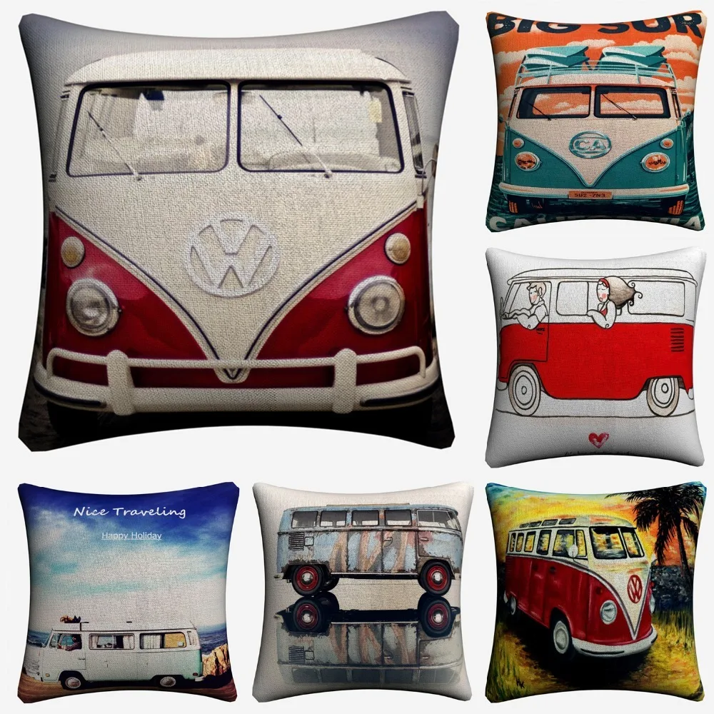 

Bulli Bus California Beach Travel Decorative Cotton Linen Cushion Cover 45x45cm For Sofa Chair Pillow Case Home Decor Almofada