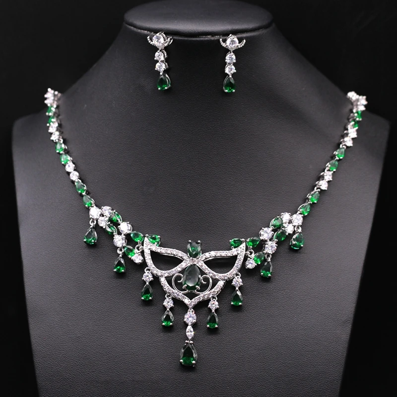 

GZJY Beautiful White Gold Color Red/Bule/Green/Purple/Black Waterdrop Crystal AAA Zircon Wedding Jewelry Set For Women