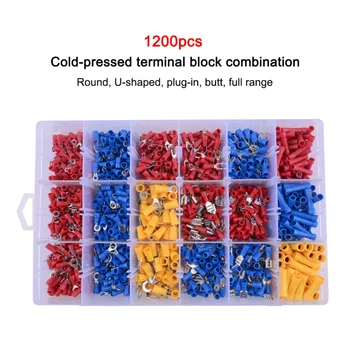 

1200pcs Cold-pressed Terminal Block Insulated Spade Cable Connector Connection Terminal Red Blue Yellow Combination Box