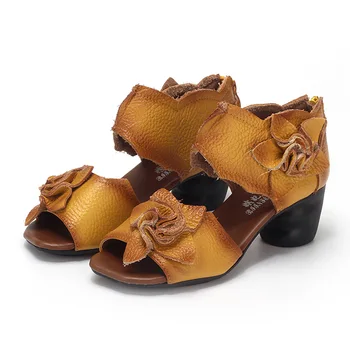 

Summer Women Sandals Shoes 2020 Open Toe Flowers Cow Genuine Leather Sandals Thick Heel Women Shoes Sandals D0703