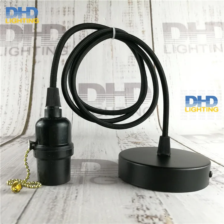 

Sample order E27 UL Edison lamp fixture black bakelite zipper switch socket plastic lamp holder black wire and ceiling plate