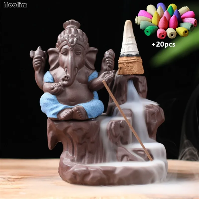 

Ceramic Indian Ganesha Elephant Backflow Incense Burner God Buddha Statues Incense Censer Home Decor + 20pcs Incense Cones