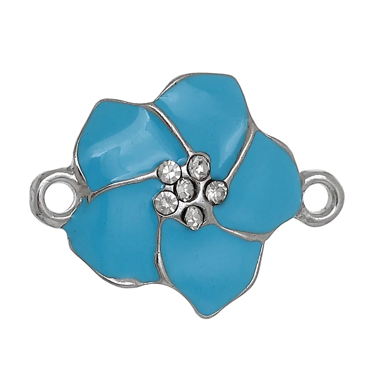 

DoreenBeads Zinc alloy Connectors Findings Flower Silver Tone Blue Enamel Clear Rhinestone 25mm(1")x 18mm(6/8"),1 Pc 2016 new