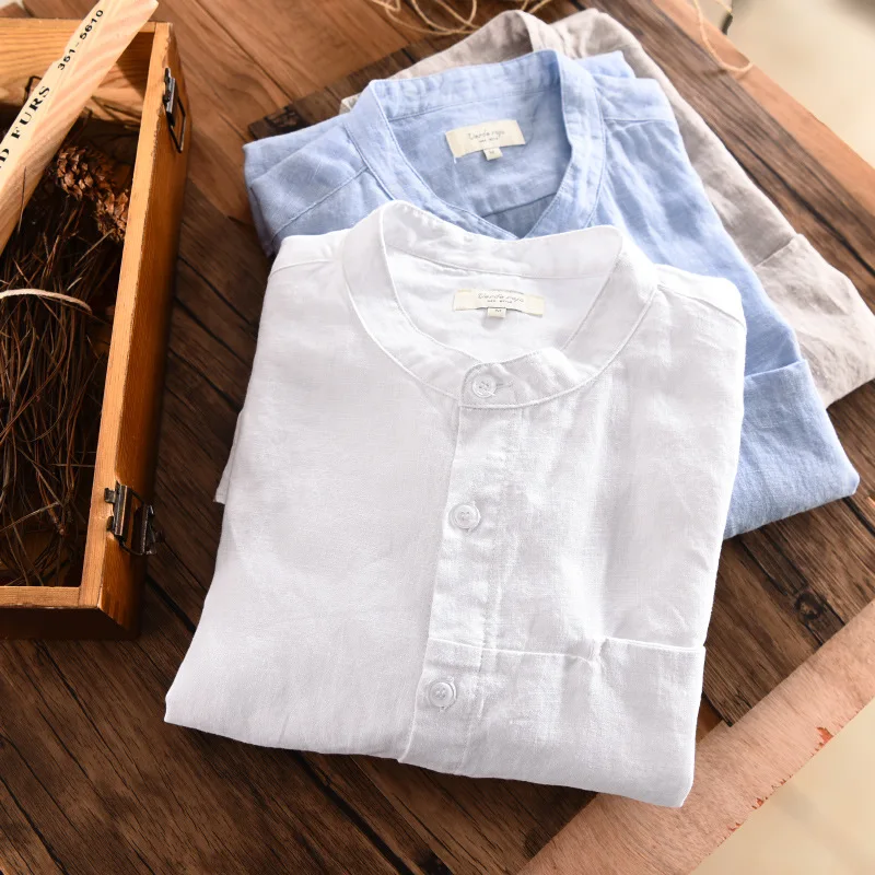 SHIFUREN New Summer Causal Men Shirts 100% Pure Linen Breathable Short Sleeve Mandarin Collar Shirts Size M-XXXL Male Clothing
