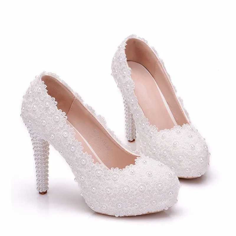 Dropshipping Pearls Crystal Flower Wedding Shoes Bride White Pearls Handmade Proms Dress Platforms Patty Pump Shoes XY-B0314