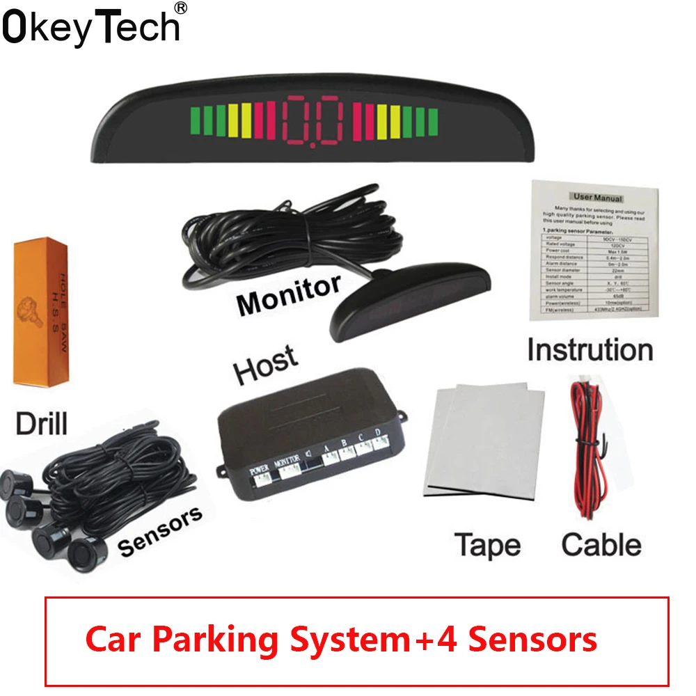 

OkeyTech Car Parktronic LED Parking Sensor Kit Display with 4 Sensors Reverse Assistance Parking Alarm Radar Monitor System