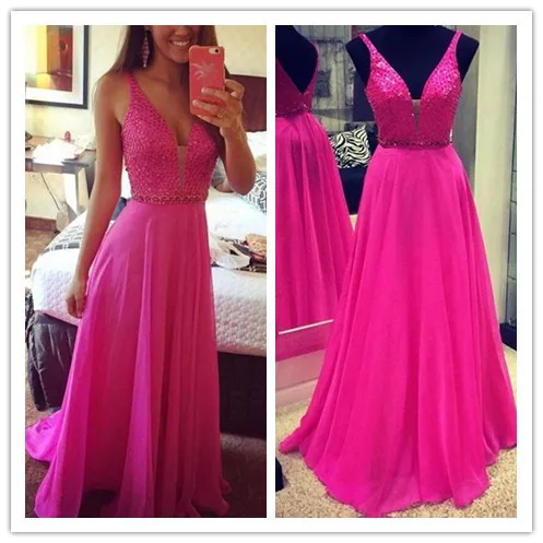 2016 New Sexy Deep V Neck Tank Sleeveless Fuchsia Chiffon Beaded Sparkle Women Formal Evening Dresses Gowns Girls Formal Wear