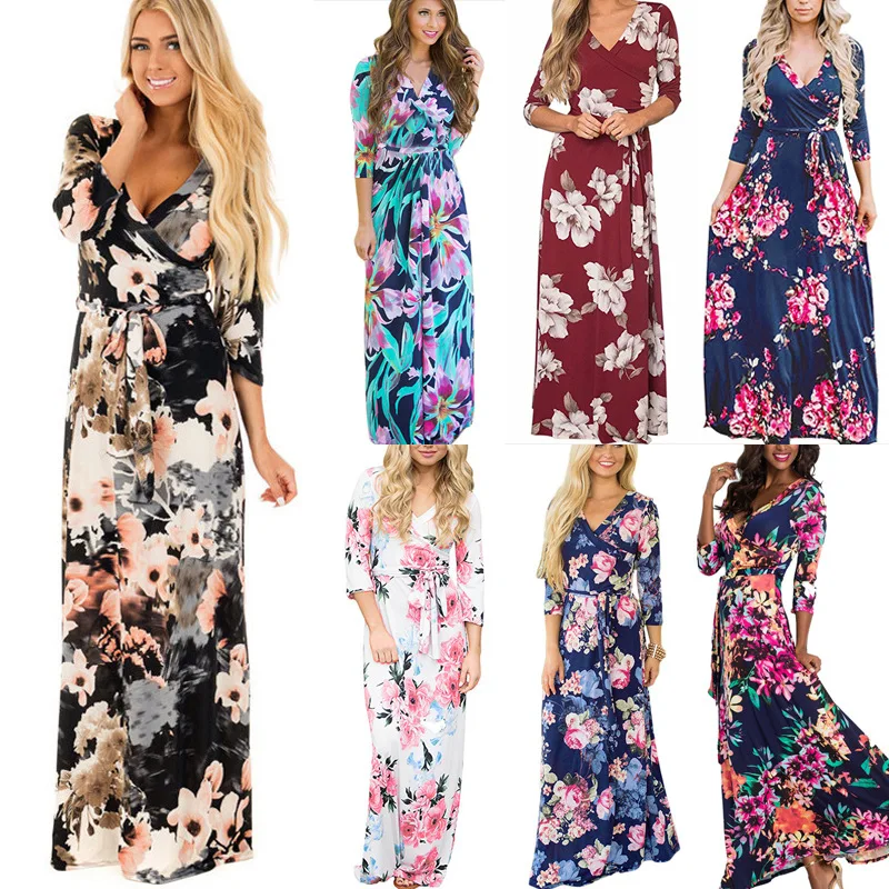 

Women Summer Floral Print Maxi Dress Boho Style Long Beach Dress Evening Party Long Bandage Bodycon Dress Plus Size Vestidos