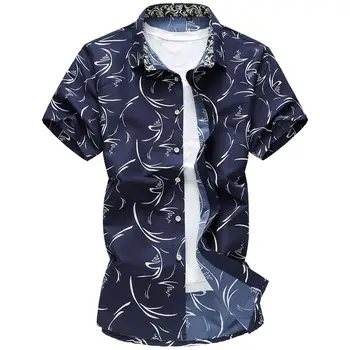 

Hawaiian Shirt Mens Clothing Lapel Collar Blouse Men Short sleeve Male Shirt Slim Navy Blue White
