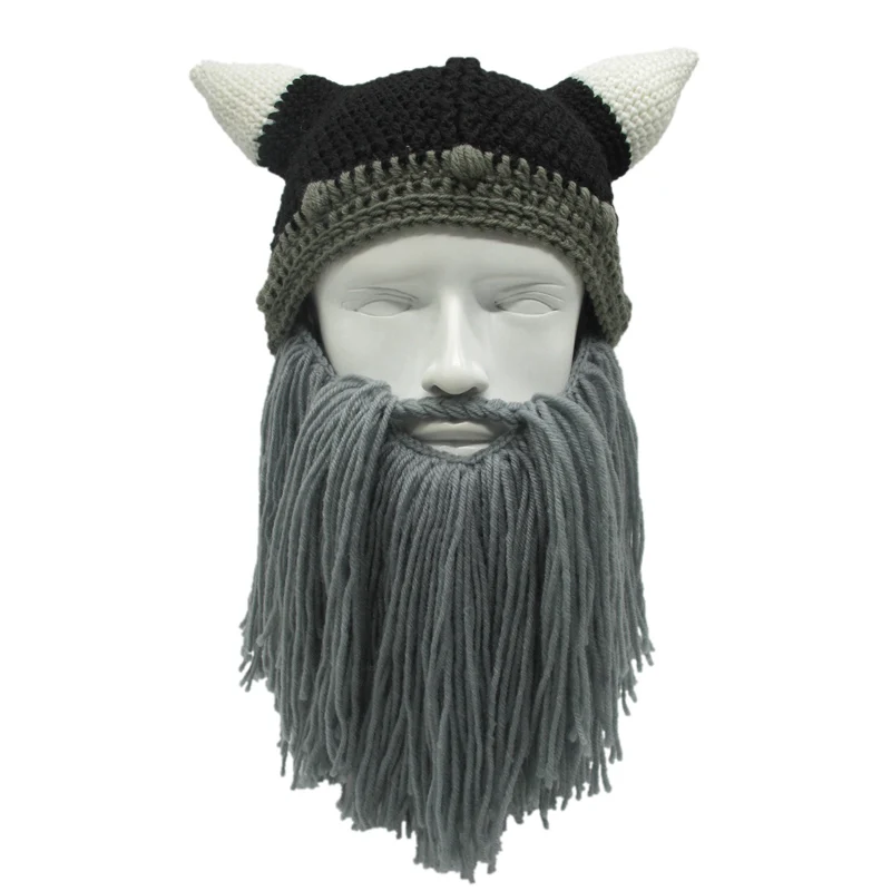 Handmade Wig Beard Viking Beanies Hat Horn Winter Cap For Men Crochet Dad Hat Winter Male Cap Halloween Gifts Party Cap SKullcap - Цвет: gray