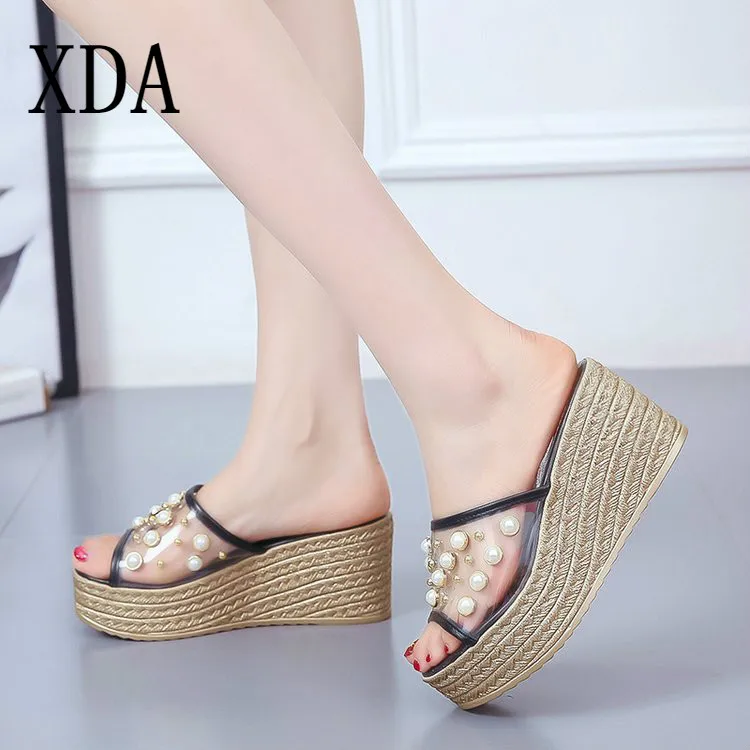 

XDA 2019 Summer Sandals Women Wedges Slipper Pumps High Heel casual slipper Femme Platform Sandals Pearl Slippers Women Shoe C12