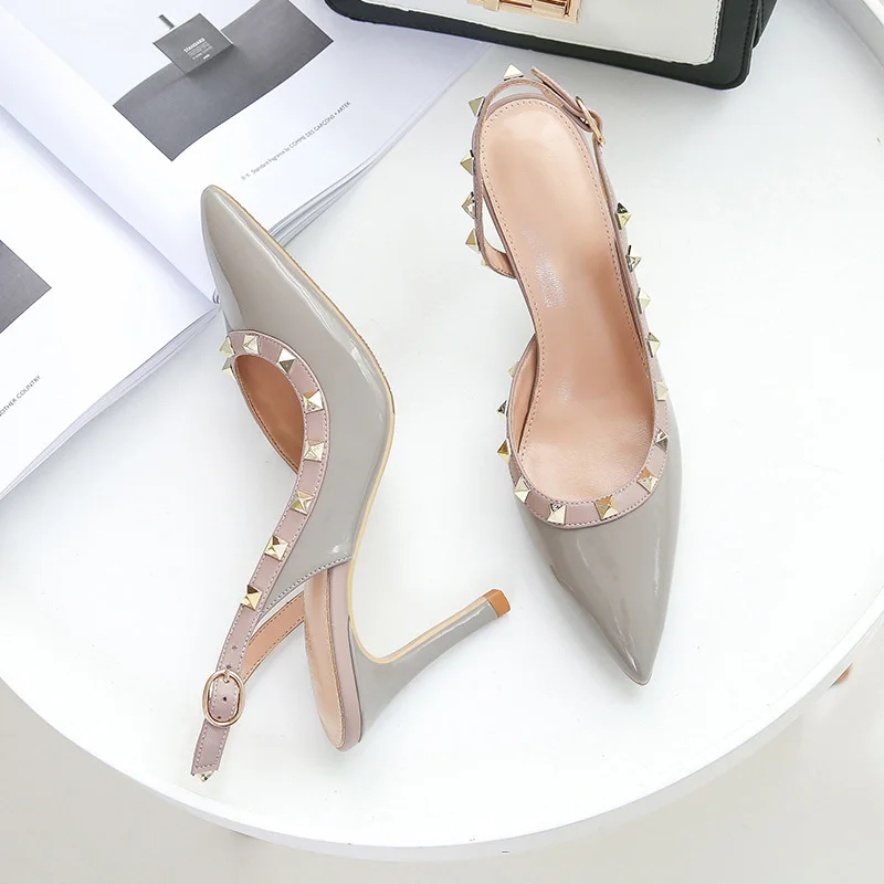 Женская обувь для вечеринок весенние туфли-лодочки на высоком каблуке с заклепками женские модельные туфли с острым носком без застежки на тонком каблуке обувь с ремешком сзади размера плюс DE - Цвет: Grey Shoes 8cm