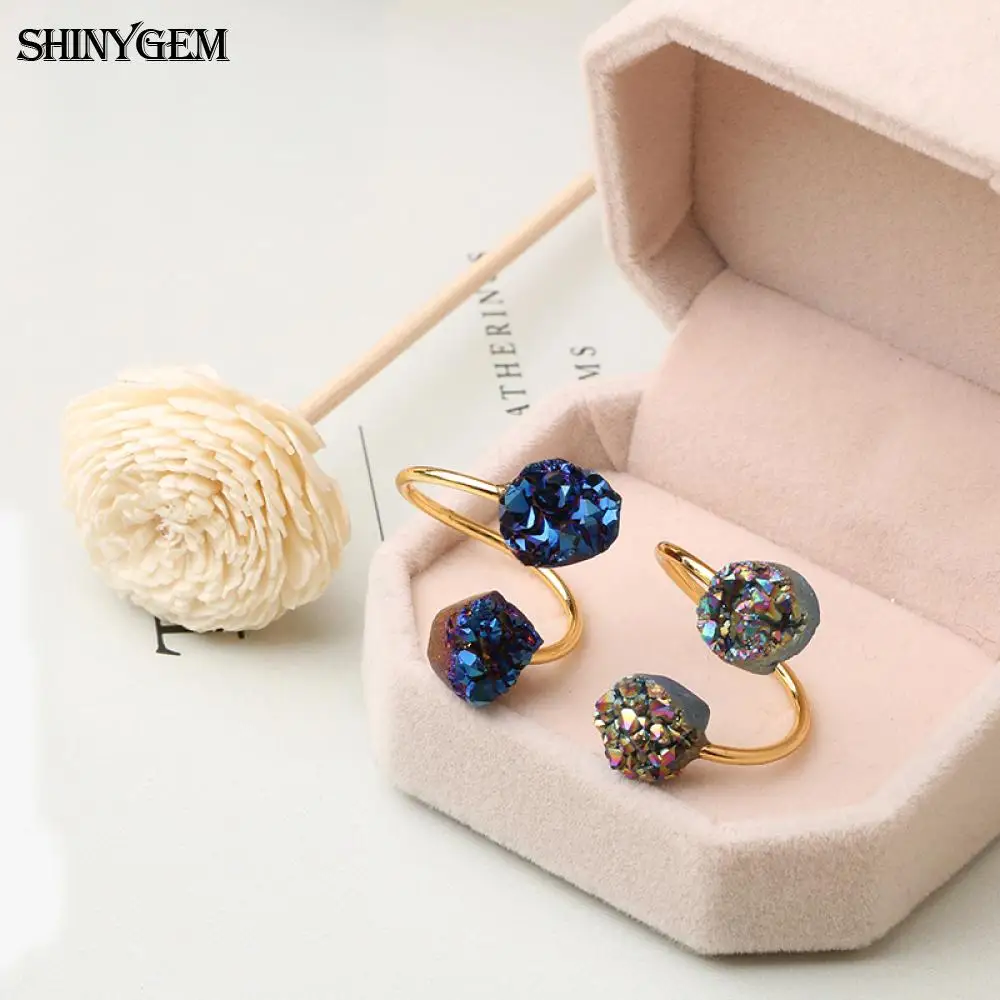 ShinyGem,, Винтажное кольцо с золотым покрытием, необычное двойное кольцо с друзами, кольца с регулируемым натуральным камнем для женщин, 5 шт./лот