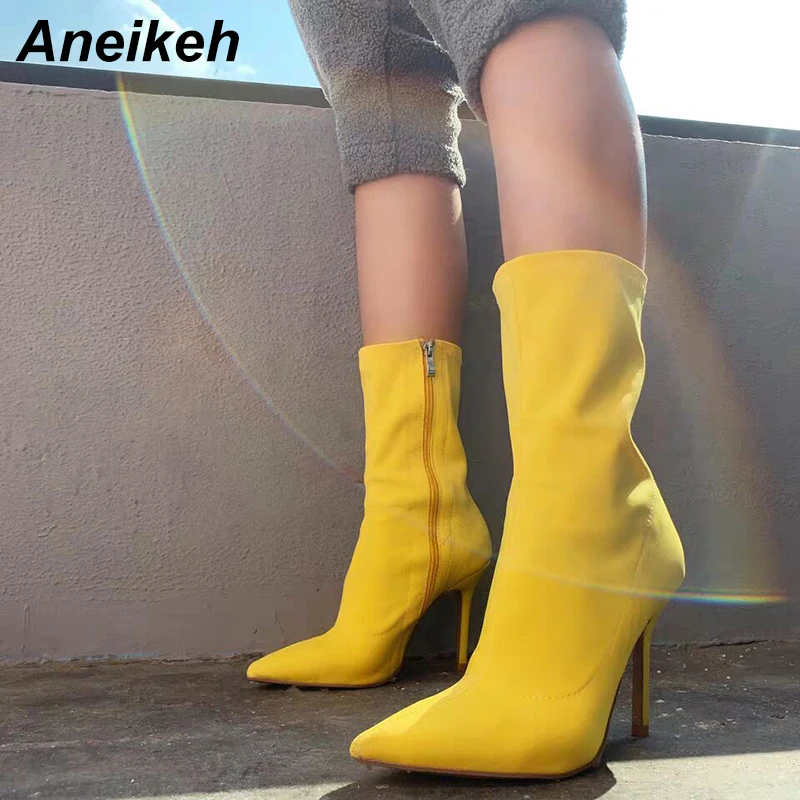 

Aneikeh 2019 Spring/Autumn Fashion Stretch Fabric Chelsea Boots Pointed Toe Women High Heels Sexy Party Ankle Boots Pumps Shoes