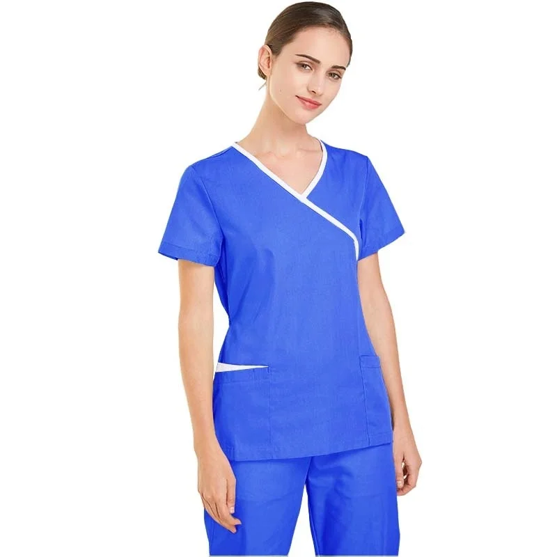 Women Fashion Scrubs Tops V-Neck Short Sleeves Shirt with Two Large Pockets Beauty and Health Workwear SPA Nursing Uniform