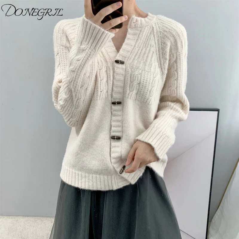 

2019 Autumn and winter women's sweater casual solid color round neck long-sleeved button decorative cardigan sweater
