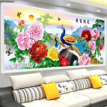 

QIANZEHUI,Diamond Embroidery,Flower, rich peony, peacock Full rhinestone 5D Round Diamond painting cross stitch,needlework