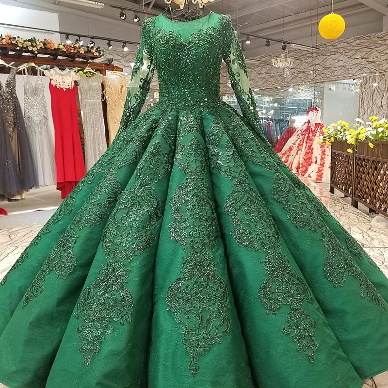 LS0447 floor length puffy green evening dress o neck long tulle sleeves
