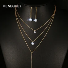 Meaeguet Layered CZ Long Necklace Jewelry Sets For Women Stainless Steel Bar CZ Drop Earring + Chain Necklace Jewelry Set