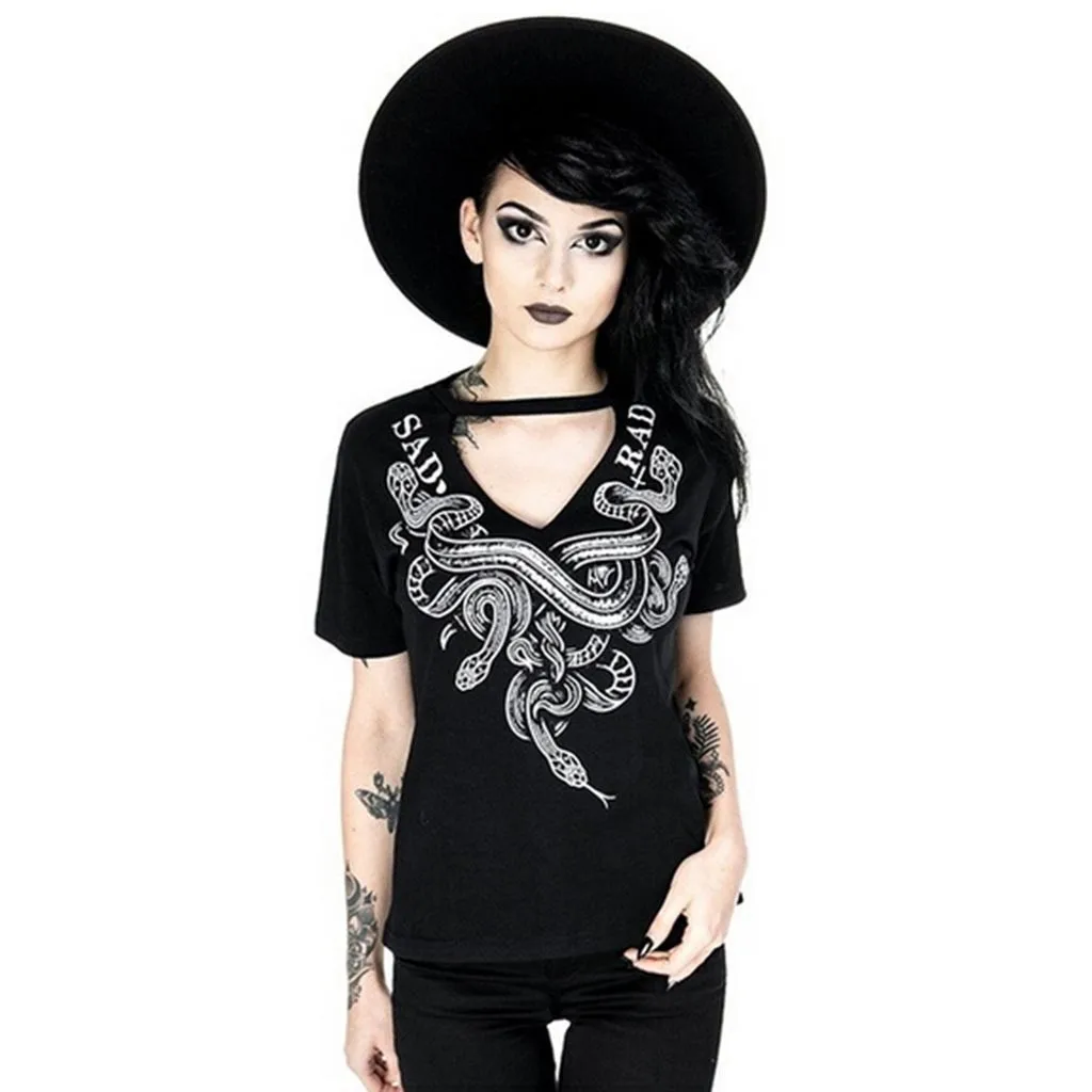 

Ladies Fashion Short Sleeve Summer V-neck Tops Women's Gothic style Punk Print simple cool T-shirts vestidos mujer verano