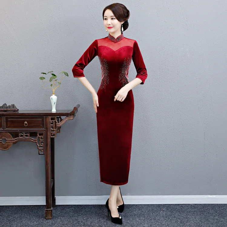 

Long Cheongsam Wedding Dresses Traditional Chinese Style Evening Dress China Women Silk Flower Qipao Red Qi Pao Robe Chinoise