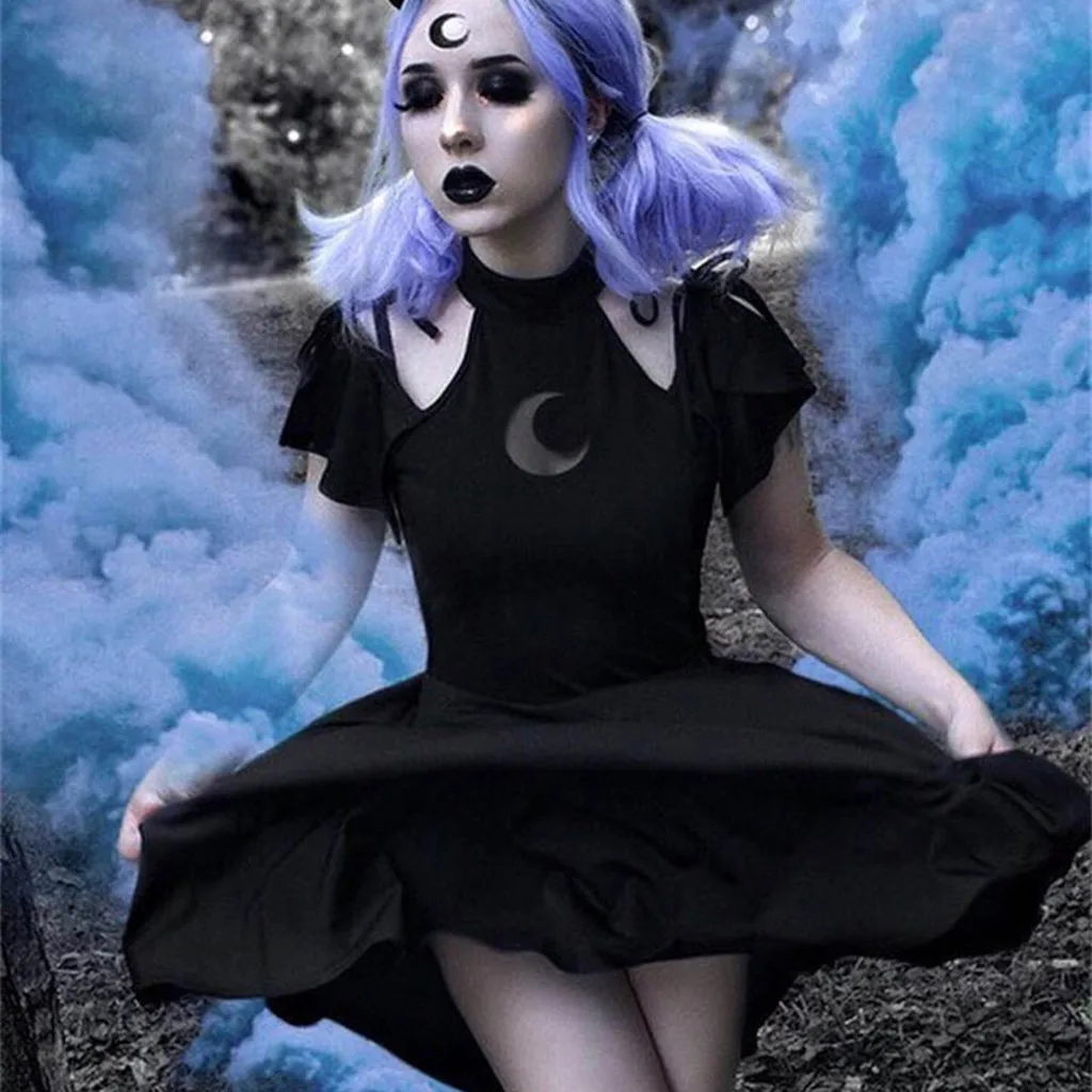 

Punk Lolita Style Girl Mini Dress Solid Color Short-Sleeved Moon Print High Collar A-Line Big Hem Dark Personality Dresses R3