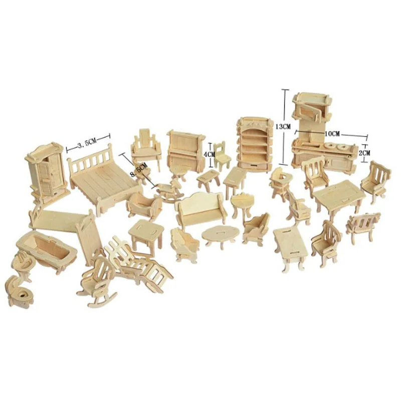 34 шт./компл. DIY мини детские развивающие кукольная мебель 3D дереву головоломки модель комплект игрушки ручной работы для детей Handworked подарок