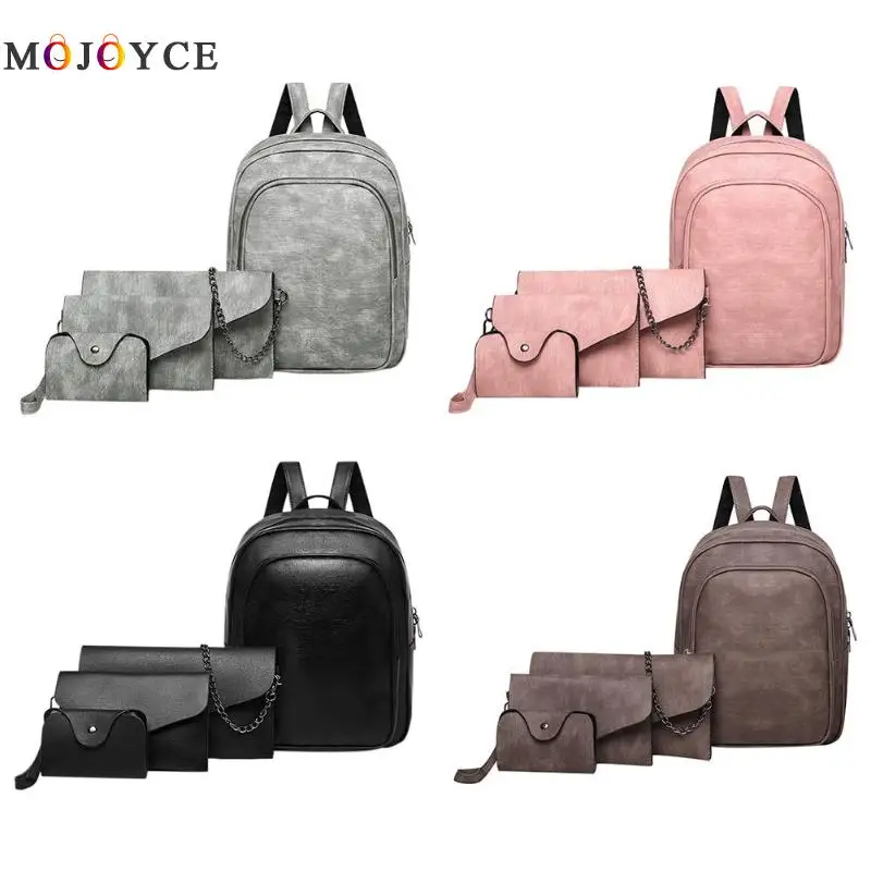 4 unids/set Mochila de cuero de la PU de las mujeres Simple mujer ClassicTeenager hombro paquete Mochila femenina