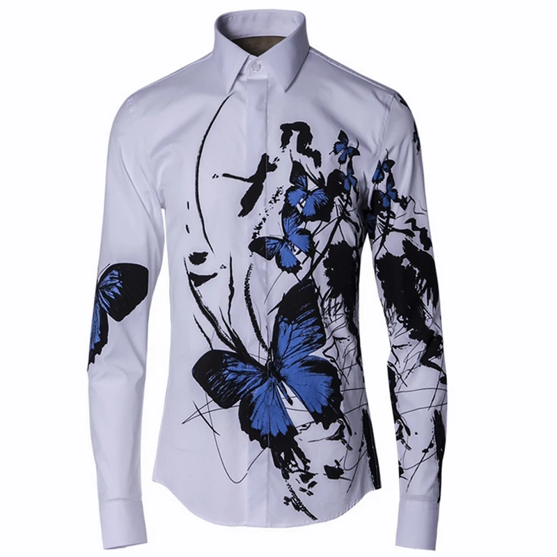 Men's Luxury Brand Designer Ink Blue Butterfly Print ...