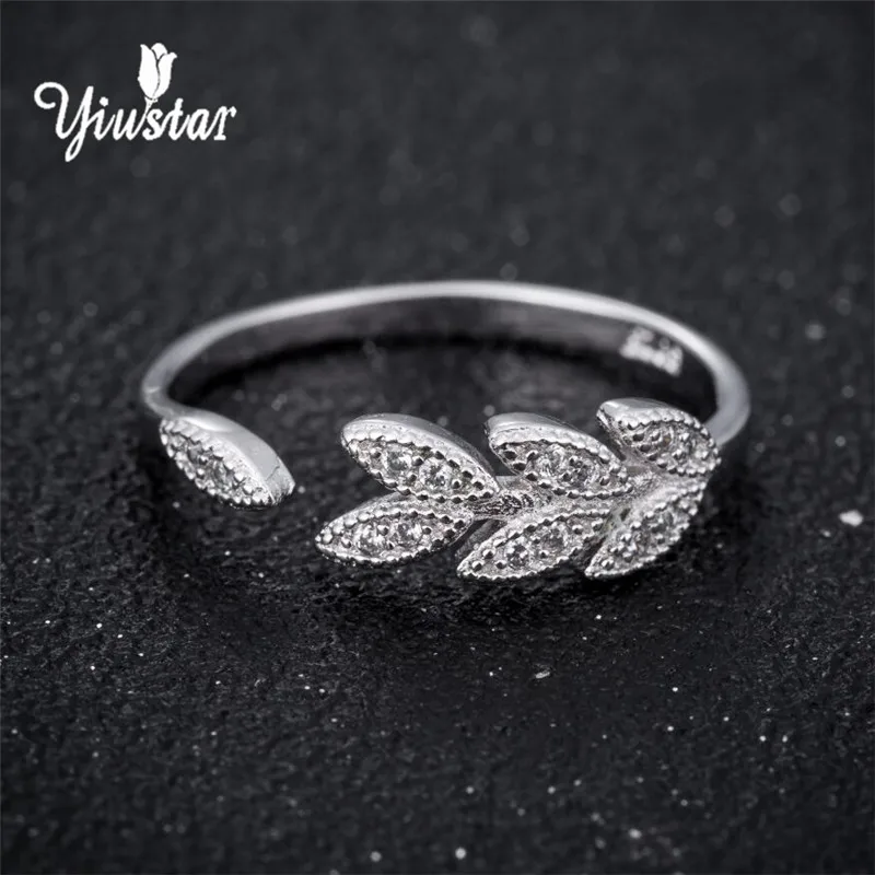 

yiustar 2018 Fashion Simple Open Design Leaf Rings Crystal Leaves Woman Jewelry Female Flower Rings Wedding Rings for Women