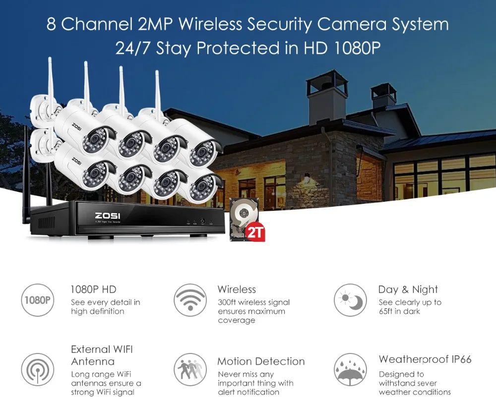 ZOSI 1080P Беспроводная система видеонаблюдения 2 ТБ HDD 2MP 8CH мощный NVR IP IR-CUT Bullet CCTV камера IP система безопасности комплекты видеонаблюдения