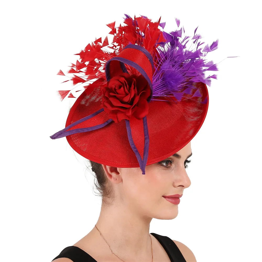 Elegant purple and red Feather Fascinator Wedding Bridal hairClip Hat for Party Cocktail Headpiece Lady Floral Pattern HeadWear