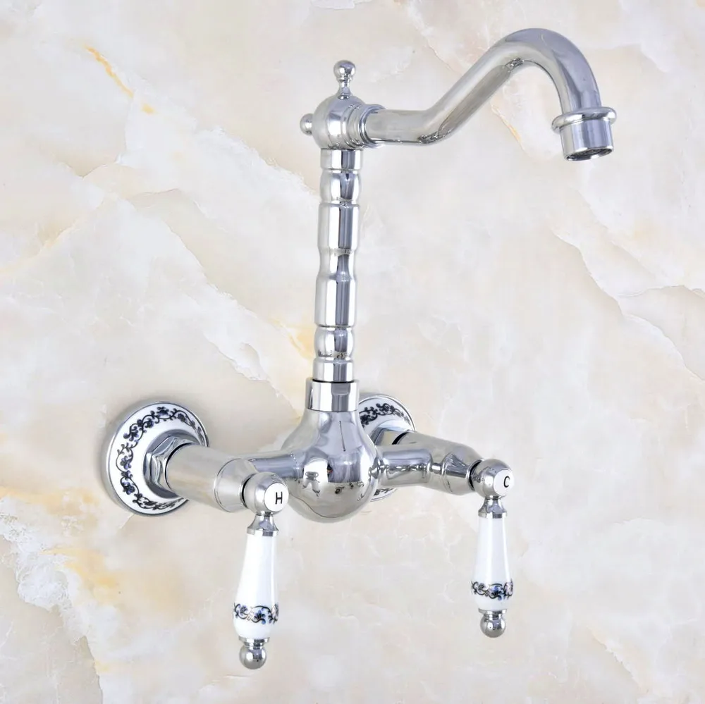 Polished Chrome Brass Wall Mount Kitchen Sink Faucet Swivel Spout Mixer Tap Dual Ceramics Handles Levers anf569