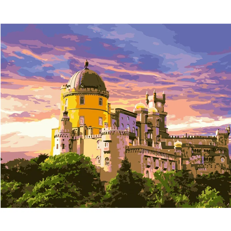 

Painting By Numbers DIY Dropshipping 40x50 50x65cmYellow castle in the fore Landscape Canvas Wedding Decoration Art picture Gift
