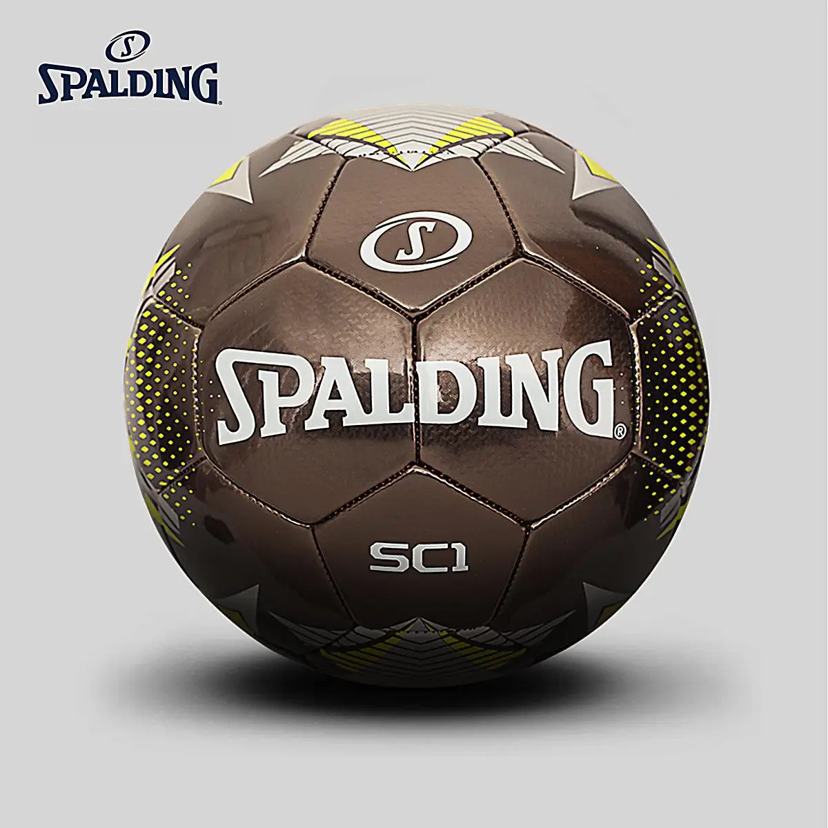 Spalding ПВХ головоломки Sc1 серии размер нет. 5 коричневый серый желтый триколор швейные футбол футбольный мяч шары 64-959Y противоскользящие