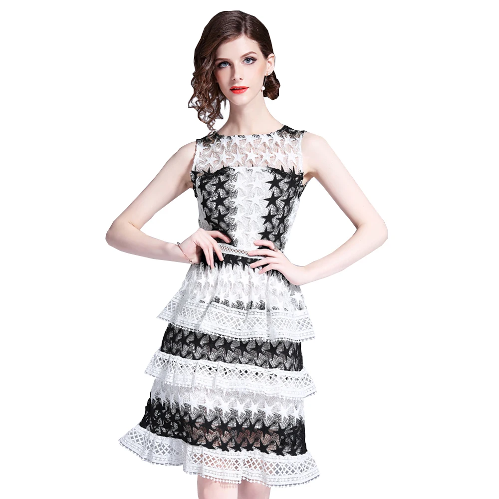 

Elegant Woman Layered A-line Dresses O-neck Sleeveless Summer Midi Dress Black White Color Star Laces Slim Dress Woman