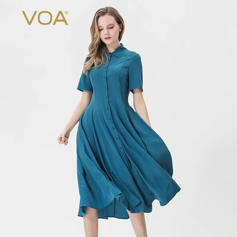 VOA 100% Zijde Lange Jurk Vrouwen Basic Zomer Shirt Jurken Korte Mouw Cyaan Casual vestidos Peter Pan Kraag Slanke Kleding a0506 VOA 100% Zijde Lange Jurk Vrouwen Basic Zomer Shirt Jurken Korte Mouw Cyaan Casual vestidos Peter Pan Kraag Slanke Kleding a0506